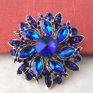 Large Navy Blue Crystal Brooch, Rhinestone Pin, Jeweled, Sapphire Brooch, Bridal, Statement, Floral, Gold,  Sash, Formal,  Gift, Handmade