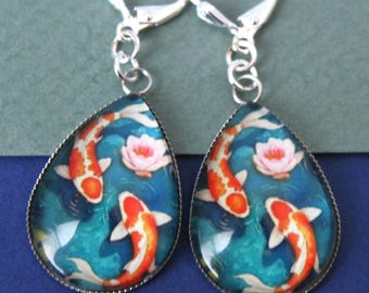 Koi Fish Dangle Earrings, Gold fish Tear Drop, Statement Jewelry, Gift, Handmade