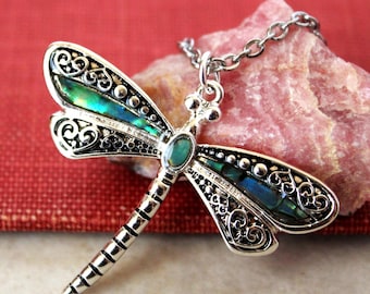 Dragonfly Pendant Necklace, Abalone Shell, Silver Chain, Statement Jewelry, Gift, Handmade