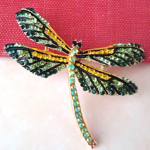 Dragonfly Brooch Pin Jeweled Crystal Rhinestone Bridal Bridesmaid Insect Brooch Butterfly Bug Gold Yellow Green Statement Gift Handmade