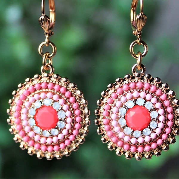 Coral Dangle Earrings.Rose.Pink.Salmon.Jeweled.Metal Earrings.Gold.Bridal.Colorful Earrings.Multi colors.Bridesmaid.Vintage.Gift.Handmade.