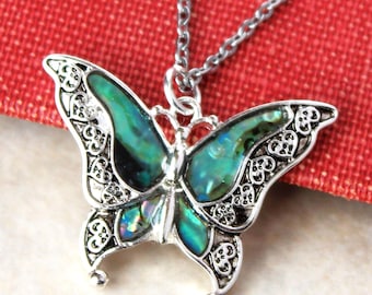 Abalone Shell Butterfly Pendant Necklace: Silver Chain, Bridal Statement Jewelry, Gift, Handmade