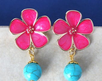 Pink Flower Post Earrings: Gold Enamel Floral Dangle, Turquoise Drop Jewelry, Gift, Handmade