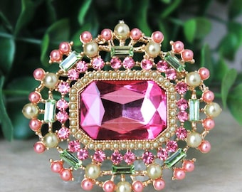 Pink Crystal Rhinestone Brooch: Jeweled Peridot & Pearl Pin, Bridal Statement Jewelry, Gift, Handmade