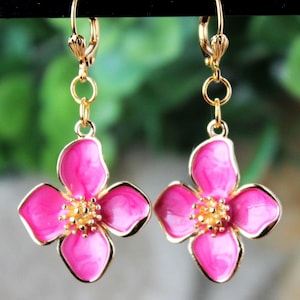 Hot Pink Flower Dangle Earrings, Orchid Flower, Hand Painted, Gold, Bridal, Floral Earrings, Statement, Enamel Drop Earrings, Gift, Handmade