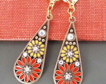 Enamel Floral Dangle Earrings: Red Yellow Rhinestone Jeweled, Bohemian Bridal Statement Jewelry, Gift, Handmade