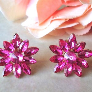 Hot Pink Crystal Rhinestone Clip On Earrings: Gold Floral Cluster, Statement Jewelry, Gift, Handmade