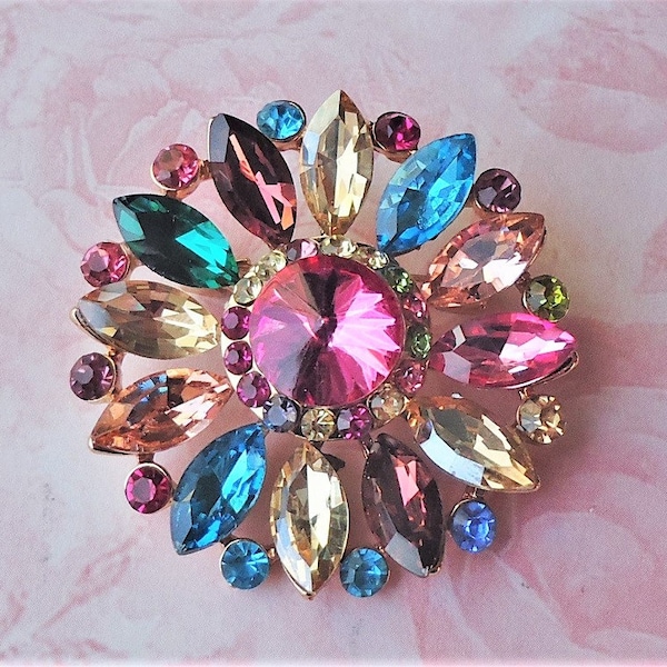 Multi Colors Crystal Brooch Pin Jeweled Purple Pink Blue Rhinestone Bridal Bridesmaid Floral Gold Wedding Vintage Formal Sash Gift Handmade