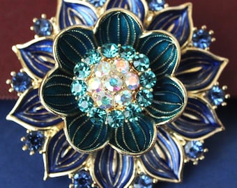 Gold Floral Enamel Brooch Pin: Blue Sapphire Swarovski Crystals, Green Rhinestone, Statement Jewelry, Handmade