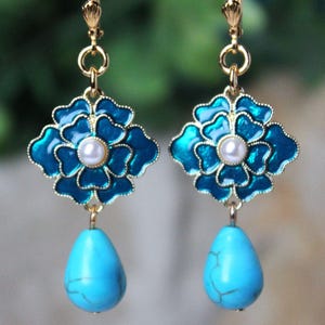 Turquoise Dangle Earrings: Enamel Flower, Gold Accent, Handmade
