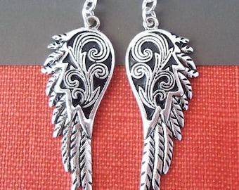 Silver Angel Wing Dangle Earrings: Protection Statement Jewelry, Gift, Handmade