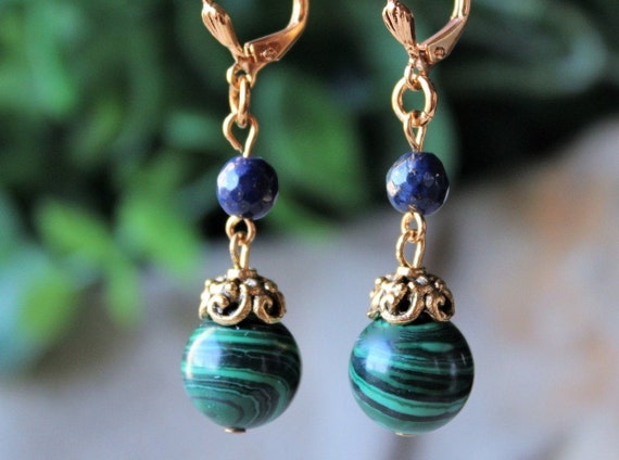 Boucles D'oreilles Pendantes 2 Boules En Malachite - Marque Coco Papaya - Neuves