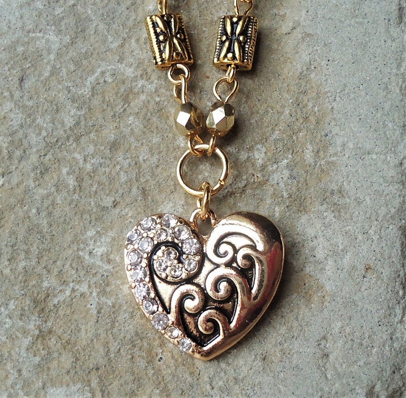 Heart Pendant Necklace.Crystal.Metal.Gold.Chain.Valentine.Lucky.Bridal.Bridesmaid.Small.Vintage.Statement.Bohemian.Friendship.Gift.Handmade.