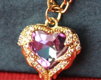 Heart Rhinestone Pendant Chain Necklace: Purple Blue Crystal, Statement Jewelry, Gift, Handmade
