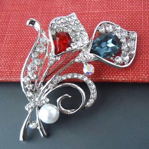 Flower Crystal Brooch, Floral, Garnet, Sapphire, Pearl Pin, Jeweled, Rhinestone, Bridal, Bridesmaid, Silver, Statement, Gift, Handmade