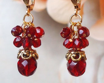 Garnet Dangle Earrings: Red Crystal Cluster, Bridal Statement Jewelry, Gift, Handmade