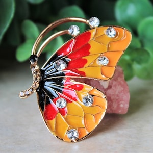 Butterfly Brooch Pin Jeweled Orange Red Crystal Rhinestone Bridal Bridesmaid Insect Dragonfly Bug Gold Hand Painted Vintage Gift Handmade