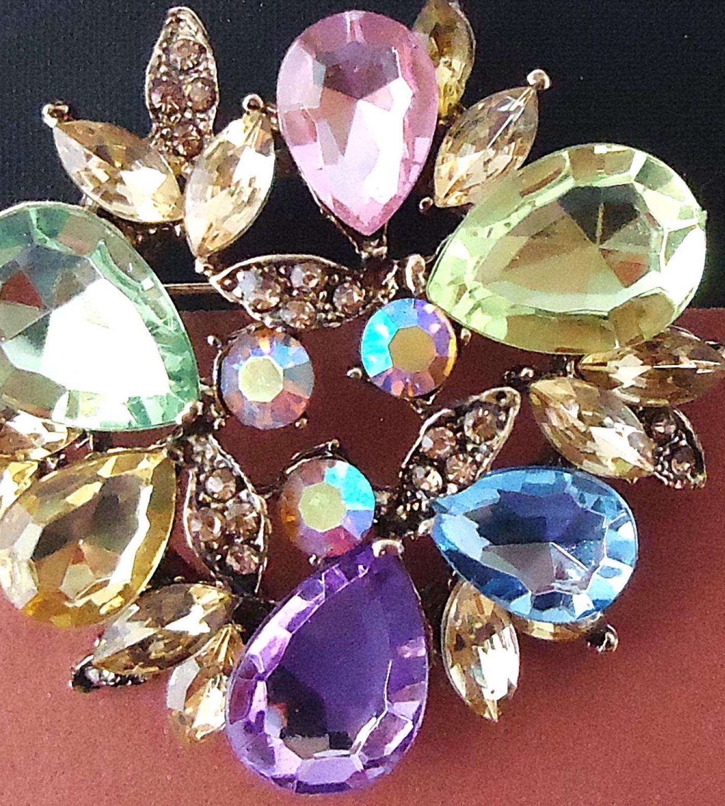 Multi-color Crystal Brooch: Rhinestone Floral Pin, Bridal