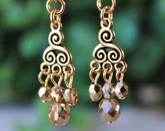 Spiral Dangle Earrings Gold Crystal Drop Bridal Statement Chandelier Long Earrings Small Earrings Bohemian Gift Handmade