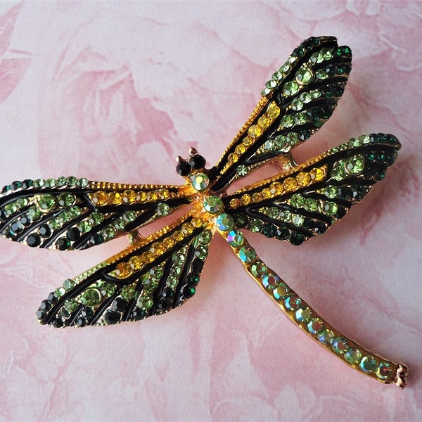 Dragonfly Brooch Pin Jeweled Crystal Rhinestone Bridal Bridesmaid Insect Brooch Butterfly Bug Gold Yellow Green Statement Gift Handmade