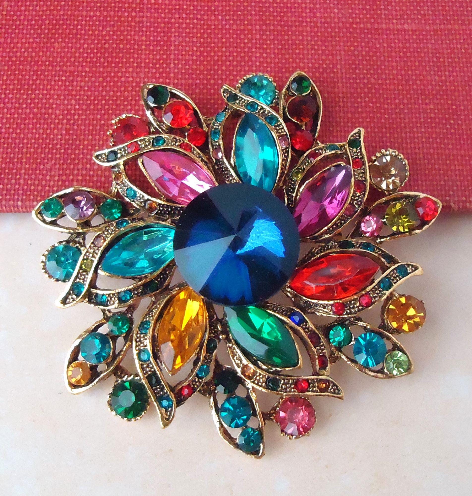 Multi Color Crystal Brooch, Rhinestone Floral Pin, Bridal 