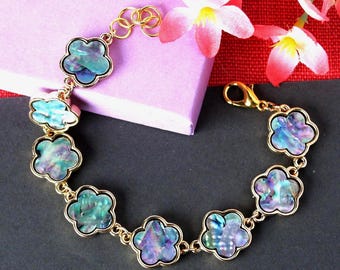 Clover Abalone Shell Bracelet: Gold Lucky Statement Jewelry, Gift, Handmade