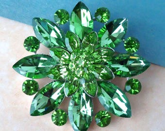 Peridot Grün Kristall Strass Brosche: Silber Blumen Hochzeit Anstecknadel, Braut Statement Schmuck, Geschenk, Handgemacht