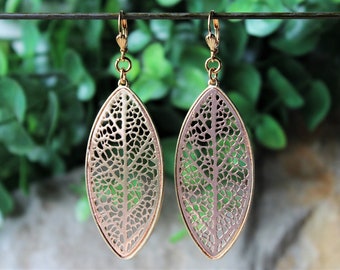 Large Mixed Metal Earrings Tree Leaf Filigree Moroccan Gold Rose Gold Statement Modern Bridal Big Long Gift Handmade