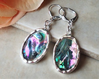 Abalone Shell Dangle Earrings Hammered Metal Shell Modern Bridal Silver Clip On Earrings Bohemian Birthday Vintage Statement Gift Handmade