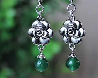 Rose Dangle Earrings Emerald Green Jade Gemstone Metal Silver Bridal Long Earrings Flower Formal Bridesmaid Statement Gift Handmade