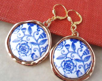 Hand-Painted Fine China Flower Dangle Earrings: Floral Blue White Statement Jewelry, Gift, Handmade