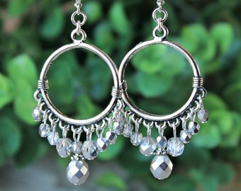 Silver Hoop Earrings Crystal Drop Bridal Statement Chandelier Long Earrings Big Earrings Dangle Bridesmaid Gift Handmade
