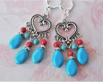 Turquoise steen bungel oorbellen rood koraal zilver verklaring kroonluchter bruid lange cluster hart boho clip op oorbellen gift handgemaakt