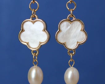 Pearl Clover Dangle Earrings: Mother Of Pearl Drop, Lucky MOP Statement Jewelry, Gift, Handmade