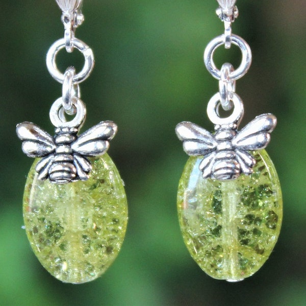 Honey Bee Dangle Earrings Artisan Glass Metal Silver Green Small Drop Earrings White Leaf Dainty Bridal Charm Earrings Gift Handmade