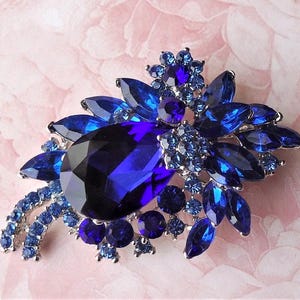 Sapphire Blue Crystal Brooch Pin Jeweled Navy Rhinestone Bridal Bridesmaid Floral Brooch Silver Wedding Vintage Formal Sash Gift Handmade