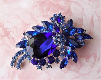 Sapphire Blue Crystal Brooch: Jeweled Rhinestone Floral Pin, Bridal Statement Jewelry, Gift, Handmade