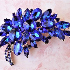 Sapphire Blue Crystal Brooch, Rhinestone Pin, Jeweled, Navy  Blue, Bridal, Floral Brooch, Silver, Wedding,   Formal, Sash, Gift, Handmade