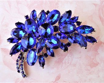 Sapphire Blue Crystal Brooch, Silver Rhinestone Floral Pin, Bridal Statement Jewelry, Gift, Handmade
