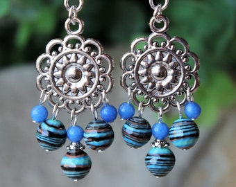 Blue Turquoise Gemstone & Silver Floral Dangles Earrings, Chandelier Statement Jewelry, Gift, Handmade