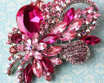 Hot Pink Crystal Brooch: Silver Floral Rhinestone Pin, Bridal Statement Jewelry, Gift, Handmade