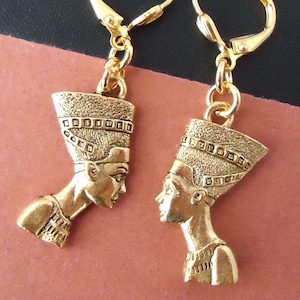 Egyptian Dangle Earrings Hieroglyphs Nefertiti Queen Gold Bohemian Ancient Goddess Egyptian Art Statement Spiritual Metal Handmade