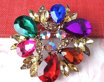 Multi Color Crystal Brooch: Gold Floral Rhinestone Pin, Bridal Statement Jewelry, Gift, Handmade
