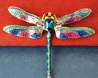 Green Blue Dragonfly Crystal Brooch: Rhinestone Insect Pin, Hand-Painted, Bridal Statement Jewelry, Gift, Handmade