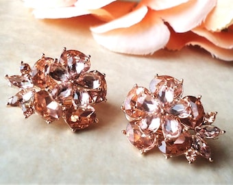 Rose Gold Rhinestone Clip On Earrings: Blush Crystal Floral Cluster, Bridal Statement Jewelry, Handmade
