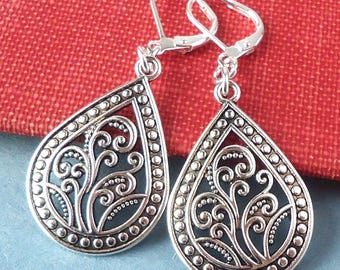 Silver Flower Dangle Earrings: Hammered Metal Filigree, Floral Bridal Statement Jewelry, Gift, Handmade