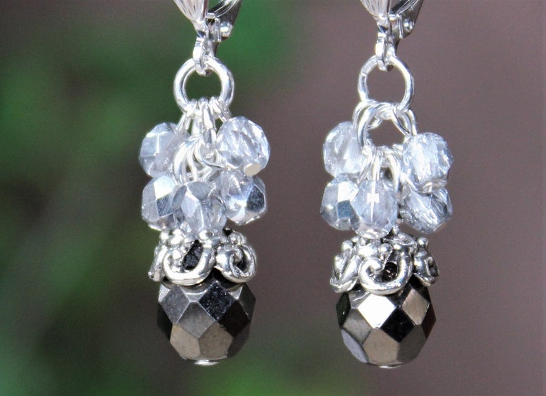 BlackWhite Dangle Earrings.Hematite Crystal Cluster.Bridal.Statement.Chandelier.Long Earrings Clip-On Earrings.Formal.Big.Boho.Handmade.