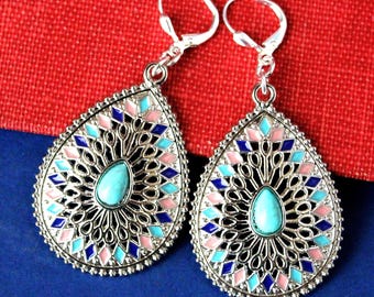Blue Turquoise Floral Dangle Earrings: Hand-Painted Enamel Teardrop, Statement Jewelry, Gift, Handmade