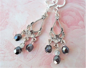 Hematite Dangle Earrings, Black Crystal Rhinestone Drop, Silver, Bridal, Statement, Chandelier, Bohemian,  Gift, Handmade