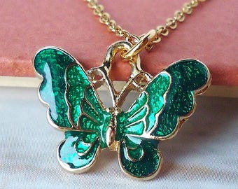 Smaragd Grün Schmetterling Anhänger Halskette, Handbemalte Emaille, Statement Schmuck, Geschenk, Handgemacht